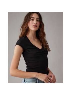 American Eagle Black V-Neck Ruched Bodysuit Size S